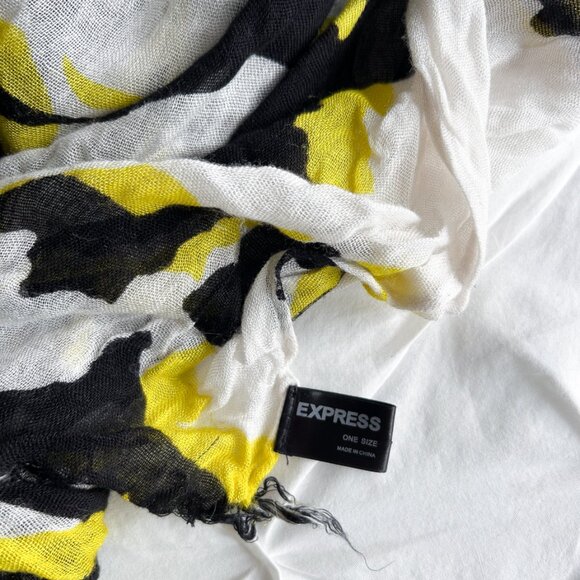 Express Vintage Floral Print Black White & Neon Yellow Fringed Lightweight Scarf - Picture 3 of 6